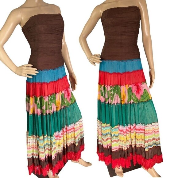 BCBGMAXAZRIA Hobo Silk Maxi Floral Multi-layer Patchwork Crinkle Dress Size 4‎ - Picture 2 of 13